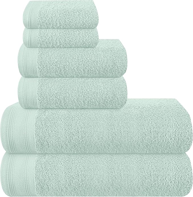 Ultra Soft 6 Pack Cotton Towel Set, Contains 2 Bath Towels 28x55 inch, 2 Hand Towels 16x24 inch & 2 Wash Coths 12x12 inch, Ideal Everyday use, Compact & Lightweight - Sea Green