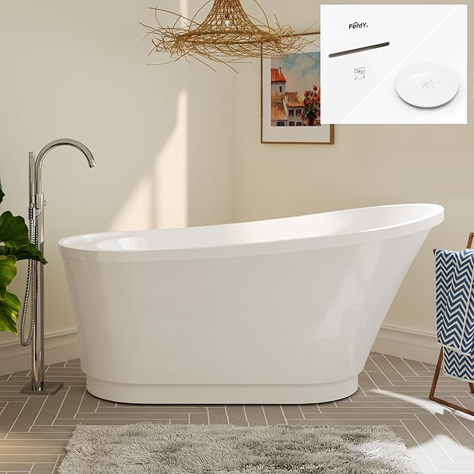 FerdY Langkawi 59" Acrylic Freestanding Bathtub, White Modern Stand Alone Soaking Bathtub, cUPC Certified, Polished White Drain and Minimalist Linear Design Overflow Included, Easy to Install, 02568T