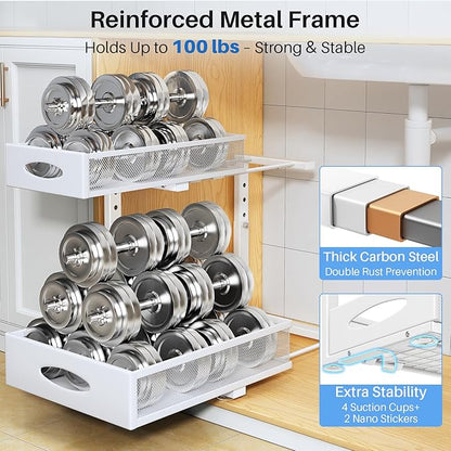 Under Sink Organizer, 2 Tier Pull Out Under Cabinet Organizer Shelf with Pad for Framed Cabinets, Metal Slide Out Under Sink Storage, Mesh Sliding Drawers for Kitchen Bathroom Laundry(White, 1 Pack)
