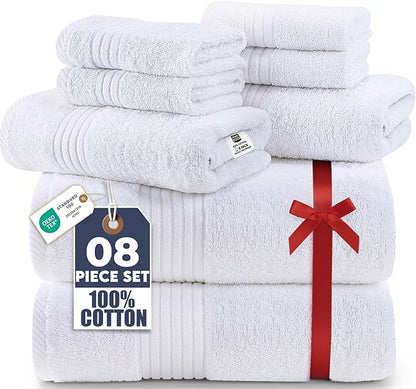 Utopia Towels 8 Piece Premium Towel Set, 2 Bath, 2 Hand, and 4 Washcloths, 100% Ring Spun Cotton, Highly Absorbent Towels for Bathroom, Sports, and Hotel, White