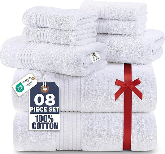 Utopia Towels 8 Piece Premium Towel Set, 2 Bath, 2 Hand, and 4 Washcloths, 100% Ring Spun Cotton, Highly Absorbent Towels for Bathroom, Sports, and Hotel, White