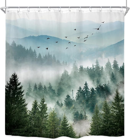 Riyidecor Long Green Shower Curtain 72Wx78H Inch Mountain Scenery Natural Pine Tree View Rustic Scene Landscape Netural Mens Women Bathroom Decor Fabric Polyester Waterproof 12 Pack Hooks