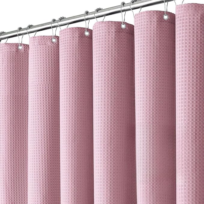 Inhousolu Fabric Shower Curtain Waffle Weave, 230 GSM Heavy Duty, Weighted Hem, 14 Metal Hooks, Water Repellent, Machine Washable, Hotel Spa Luxury Bath Curtain Set, 72 x 72 Inch, Pink