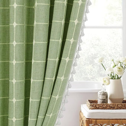 MitoVilla Sage Green Boho Extra Long Shower Curtain 72 x 84, Modern Farmhouse 84 inch XL Rustic Polyester Linen Tassel Heavy Duty Shower Curtain Set with Hooks for Cottagecore Country Bathroom Decor