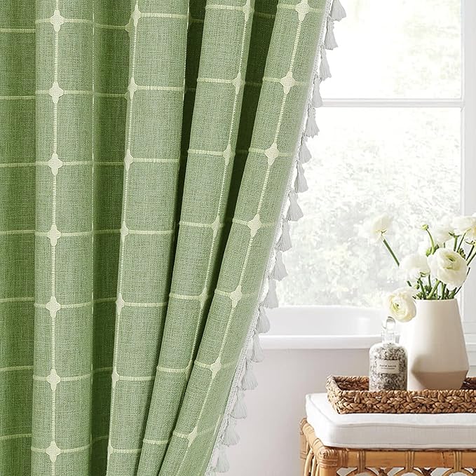 MitoVilla Long Shower Curtain Set 72 x 78, Boho Farmhouse 78 inch Long Polyester Linen Tassel Ultra Thick Heavy Duty Fabric Shower Curtains for Cottagecore French Rustic Bathroom Decor, Sage Green