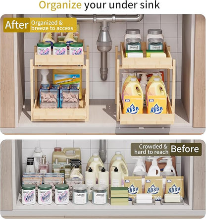 Bamboo Wood Under Sink Organizer 2 Pack, Pull Out Cabinet Organizer 2 Tier Under Sink Organizers and Storage with Sliding Drawer Sturdy Easy Assembly for Kitchen Bathroom Undersink, Natural