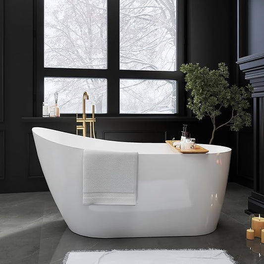 59" High-back Acrylic Freestanding Bathtubs, Stand Alone Tub, Soaking Tubs for Bathroom, Integrated Overflow and Drain, cUPC Certified, Gloss White