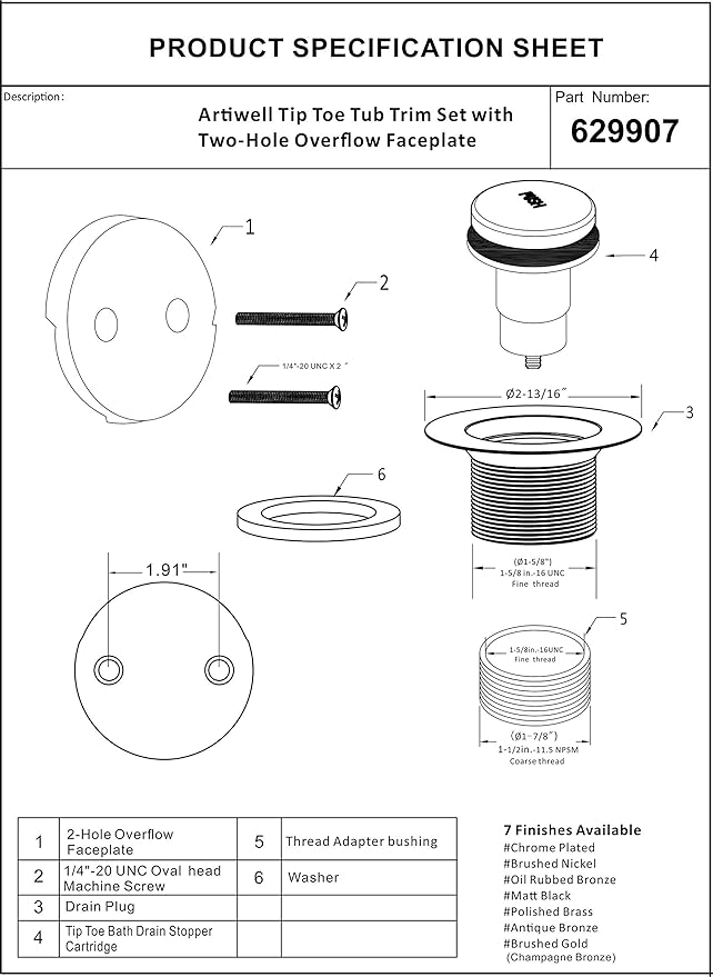 Artiwell Tip-Toe Bathtub Drains Trim Set with Two-Hole Overflow Faceplate, Replacement Bath Drain Trim Kit with 2-Hole Overflow Faceplate and Universal Fine/Coarse Thread (CHROME PLATED)