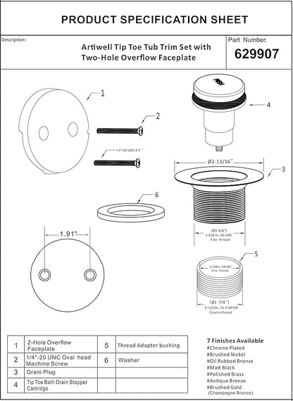 Artiwell Tip-Toe Bathtub Drains Trim Set with Two-Hole Overflow Faceplate, Replacement Bath Drain Trim Kit with 2-Hole Overflow Faceplate and Universal Fine/Coarse Thread (CHROME PLATED)