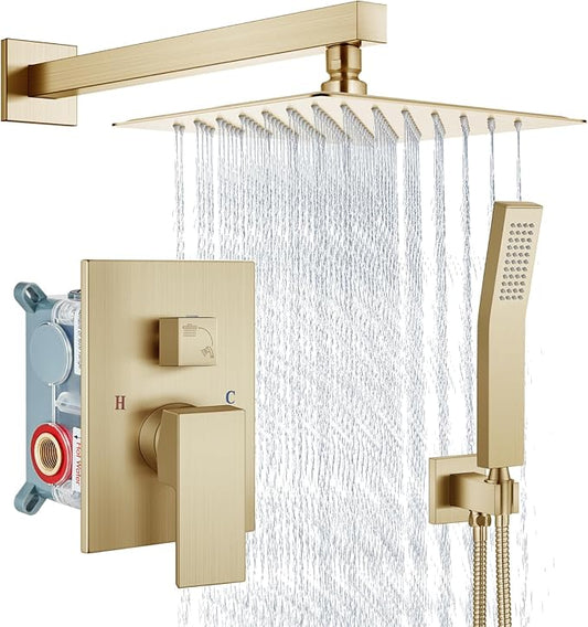 Aolemi Shower Faucet Set Rain Shower System with Handheld Spray Bathroom Shower Combo Rough-in Valve and Shower Trim Kit Included Brushed Gold 8 Inch Wall Mount Shower Head