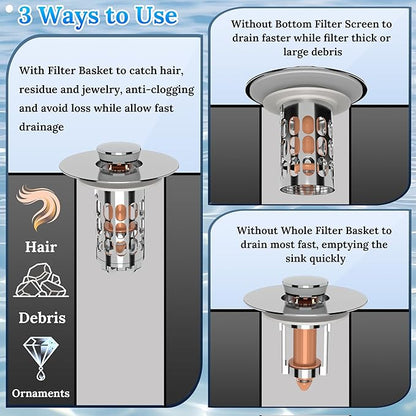 Pop up Bathroom Sink Drain Strainer,Universal Sink Stopper Bathroom Drain with Filter Basket,Bathroom Sink Stopper Hair Catcher for 1.06"~1.61" Drain Hole 2 PCS(Silver Chrome)