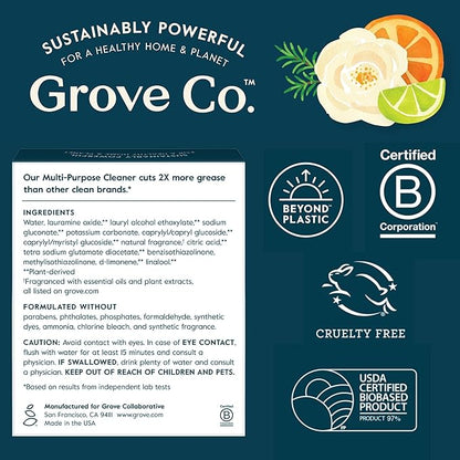 Grove Co. Multi-Purpose Cleaner, Refill Concentrate (2 x 1 Oz) + Glass Spray Bottle (16 Oz), Plant-based Household Cleaning Supplies Bundle, No Plastic Waste, Natural Lavender Blossom & Thyme Scent
