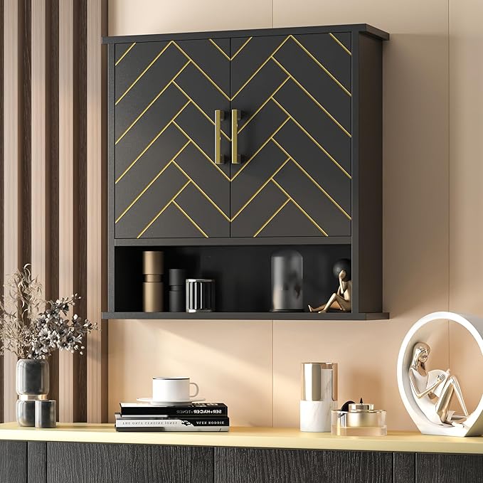 Black Chevron Pattern Bathroom Wall Cabinet, Modern Hanging Medicine Cabinet with Gold Hardware, Space-Saving Over Toilet Storage Organizer (23 5/8" x 22 7/8" x 15 3/4")