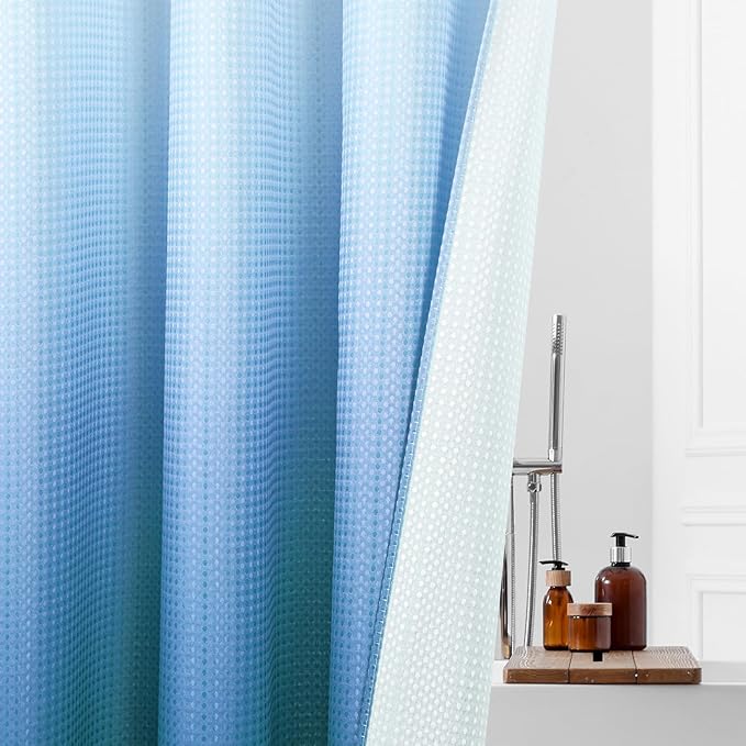 MitoVilla No Hooks Needed Blue Ombre Waffle Shower Curtain Liner Set, Modern Waffle Weave Heavy Duty Fabric Cloth Shower Curtain with Snap-in Liner for Luxury Neutral Hotel Spa Bathroom Decor, 72 x 74