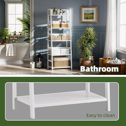 Ladder Shelf, 5-Tier Bookshelf, All Bamboo Heavy Duty Bookcase, Freestanding Open Wood Storage Rack, Modern Corner Display Plant Stand for Living Room, Home Office, Bathroom, Bedroom, White