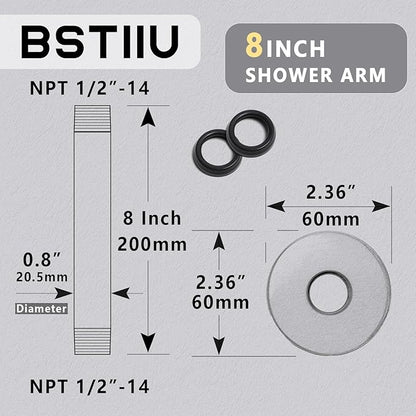 8 Inch Shower Arm with Flange, Ceiling Mounted Shower Head Extension Arm, 1/2 NPT Straight Arm for Rain Shower Head, Stainless Steel Shower Head Extension Replacement Pipe Arm,Chrome
