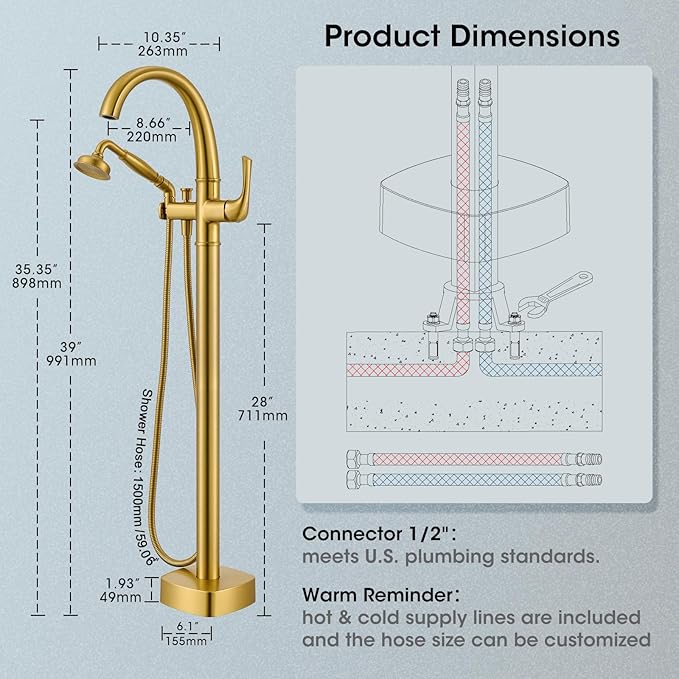 Free Standing Tub Faucet, Jabbol Luxury Freestanding Bathtub Faucet with Sprayer, Brass Bathroom Floor Mount Tub Filler, Brushed Gold (JB-8811BG)