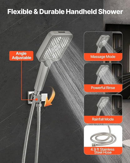 VEVOR Shower Faucet Set, 12 Inch Ceiling Mount Rainfall Shower System with 6 Inch Wall Mount Head and 4 in 1 Handheld Spray, Rotatable 3-Function Dual Rain Head Brass Valve & Trim Kit, Brushed Nickel