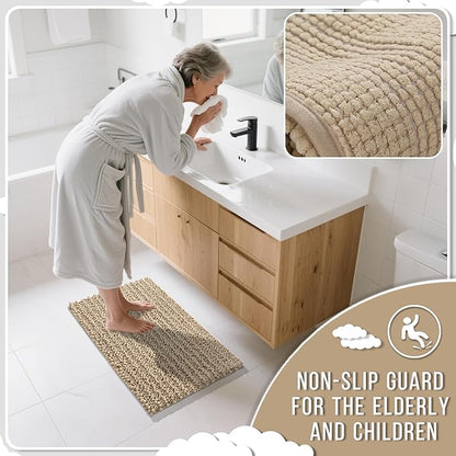 Yimobra Long Bathroom Rugs Non Slip Washable 44x24 Inch - Ultra Soft Absorbent Chenille Bath Mat, Quick Dry Shaggy Floor Carpet for Tub Shower, Camel Home Decor Accessories
