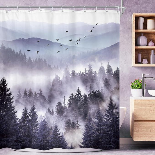 Riyidecor Purple Shower Curtain 72Wx96H Inch Extra Long Mountain Nature Woodland Scenery Park Scene View Foggy Pine Tree Alpine Cool Mens Bathroom Decor Fabric Polyester Waterproof 12 Pack Hooks