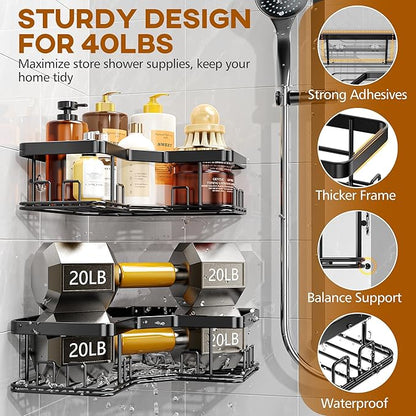 MAXIFFE 3 Pack X-Large Corner Shower Caddy with Soap Holder, Large Capacity Easy Install No Drilling Stainless Steel Sturdy Hold 40 LB Shower Organizer Shelves Rack for Family Renters Bathroom, Black