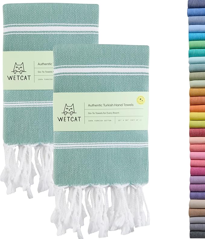 WETCAT Turkish Hand Towels with Hanging Loop, Set of 2 (20" x 30") 100% Turkish Cotton, Pre-Washed, Quick Drying, for Kitchen or Bathroom - Teal