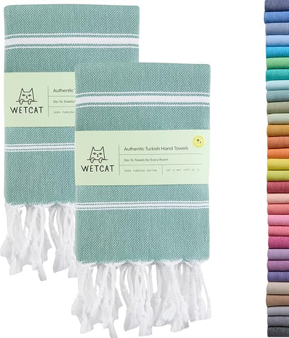 WETCAT Turkish Hand Towels with Hanging Loop, Set of 2 (20" x 30") 100% Turkish Cotton, Pre-Washed, Quick Drying, for Kitchen or Bathroom - Teal