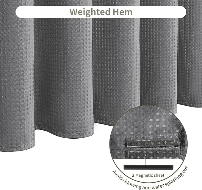 Inhousolu Fabric Shower Curtain Waffle Weave, 230 GSM Heavy Duty, Weighted Hem, 14 Metal Hooks, Water Repellent, Machine Washable, Hotel Spa Luxury Bath Curtain Set, 72 x 72 Inch, Grey