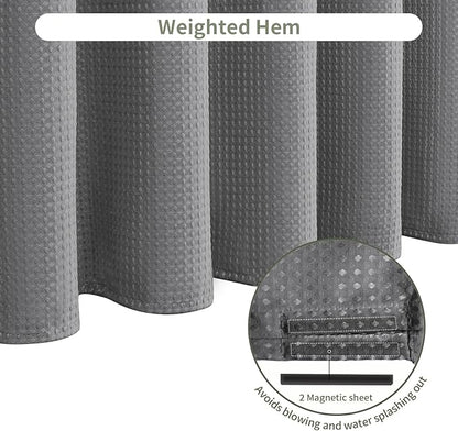 Inhousolu Fabric Shower Curtain Waffle Weave, 230 GSM Heavy Duty, Weighted Hem, 14 Metal Hooks, Water Repellent, Machine Washable, Hotel Spa Luxury Bath Curtain Set, 72 x 72 Inch, Grey