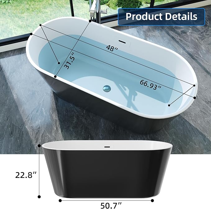 67 Inch Freestanding Bathtub, Acrylic Soaking Bathtub with Chrome Drain and Overflow, Standalone Ergonomic Tub for Bathroom Relaxation, Deep Design for Family and Guest Use, Black