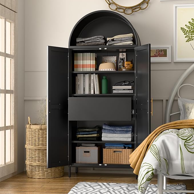 73'' Tall Metal Arched Cabinet, Modern Black Arch Bookshelf Display Cabinet with Doors/Shelves/Internal Drawers for Home Office Kitchen Bar Living Room