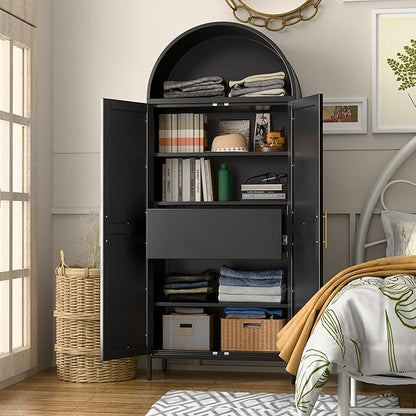 73'' Tall Metal Arched Cabinet, Modern Black Arch Bookshelf Display Cabinet with Doors/Shelves/Internal Drawers for Home Office Kitchen Bar Living Room