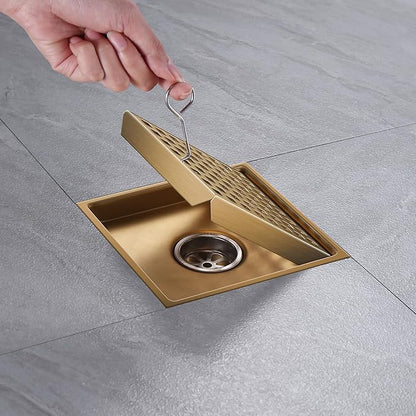 Shower Drain, Brushed Gold 6 inch Shower Floor Square Drain with Flange, Removeable Grid Panel SUS 304 Stainless Steel Square Shower Drain