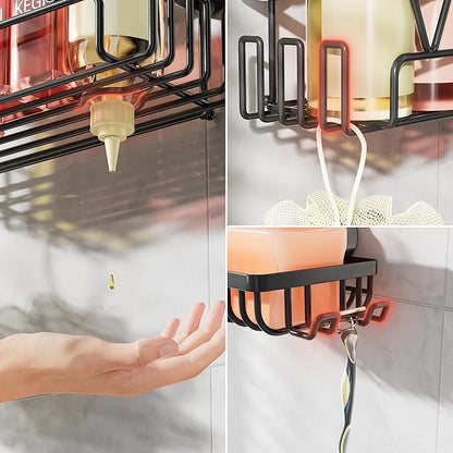 KEGII Suction Cup Shower Caddy, 2 Pack Shower Suction Shelf with Soap Holder & Hooks, No Drilling Bathroom Organizer, Stainless Steel Shampoo Holder for Bathroom Storage Basket, Black