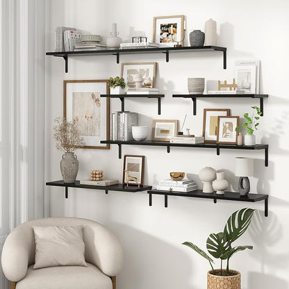 Fun Memories Deep Floating Shelves, 55W x 8D Floating Shelves Set of 2, Wall Mounted Shelf with Metal Brackets, Rustic Wood Wall Shelf for Bathroom, Kitchen and Living Room, Black
