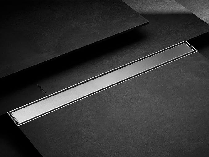 HEATGENE Linear Shower Drain 24-Inch, Stainless Steel Rectangle Shower Floor Drain with 2-in-1 Flat & Tile Insert Cover, Shower Drain with Leveling Feet & Hair Strainer, Brushed