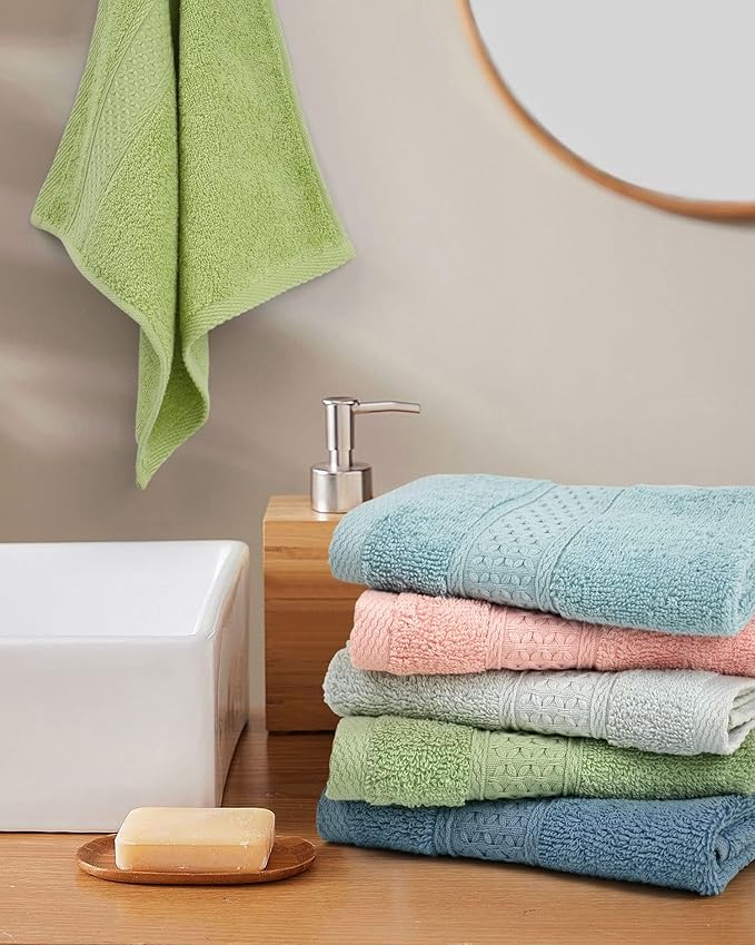Cleanbear Pure Cotton Wash Cloths Face Cloths, 6 Colors per Set, 13 x 13 Inches (Light Blue, Jade Green, Light Green, Grey, Light Grey, Pink)