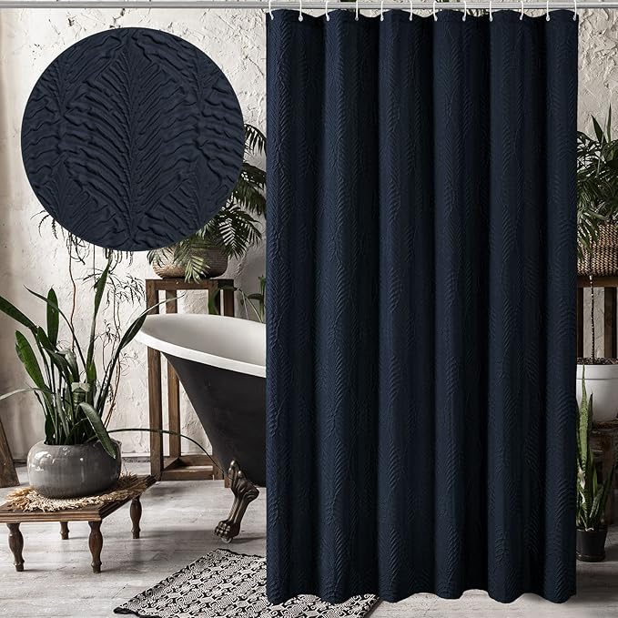 Gibelle Navy Blue Shower Curtain for Bathroom, 3D Embossed Textured Fabric Shower Curtain, Modern Farmhouse Chic Soft Cloth Shower Curtain Set with Hooks, 72x72