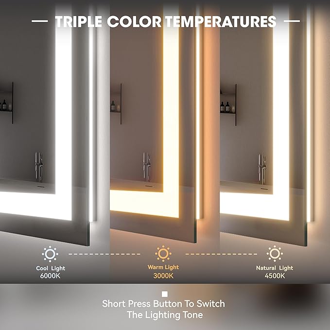 Hasipu 40" x 36" Arch LED Bathroom Mirror, Frontlit Wall-Mounted Vanity Mirror with Lights, Defogging, Smart Touch, Dimmable 3 Color Modes, Safety Shatterproof Glass Coating