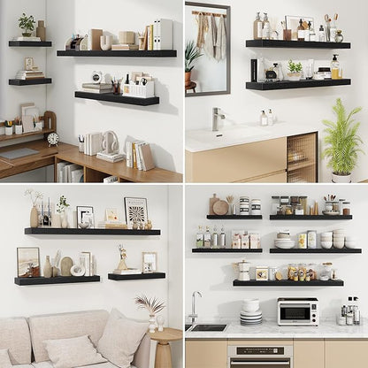 fuqing Floating Shelves for Wall, Wall Mounted Wood Floating Shelf with Invisible Brackets for Living Room, Bathroom, Bedroom, Kitchen Storage and Decor, 55 Inch Set of 2, Black