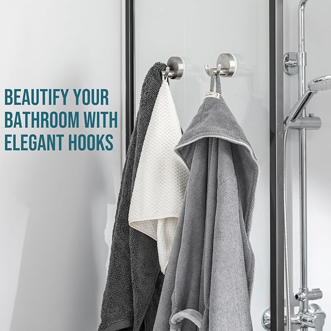 TAILI Stylish 304 Stainless Steel Bathroom Suction Hooks for Towel, Bathrobe, Loofah, No Damage Hanging Glass Shower Wall Hook, Patented Strong Suction Cup Holder, Hold Up to 11 Lbs, U-Cylinder Silver