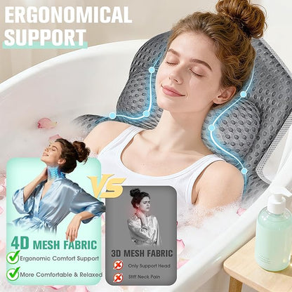 Upgraded Full Body Bath Pillow for Bathtub,Luxury Thick Bath Cushion for Soaking Tub with 192 Suction Cups,Full Body Bathtub Pillows for Head and Neck Shoulder Support,4D Air Mesh, 53" x 16" Dark Gray