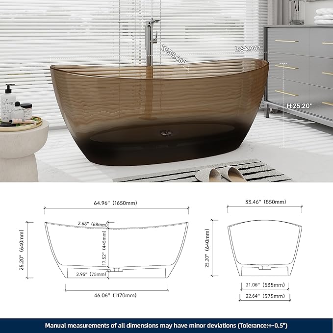 SJ STAR&JANE 65" Solid Surface Freestanding Bathtub Stone Resin Tub Oval Double Slippers Stand Alone Soaking Tub with Pop-up Drain and Overflow,Transparent Sepia