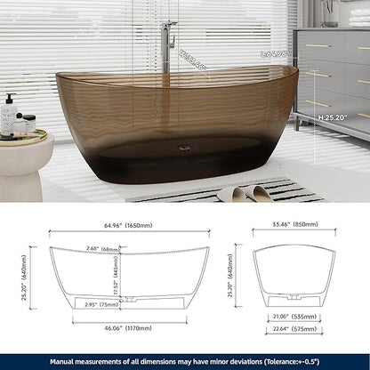SJ STAR&JANE 65" Solid Surface Freestanding Bathtub Stone Resin Tub Oval Double Slippers Stand Alone Soaking Tub with Pop-up Drain and Overflow,Transparent Sepia