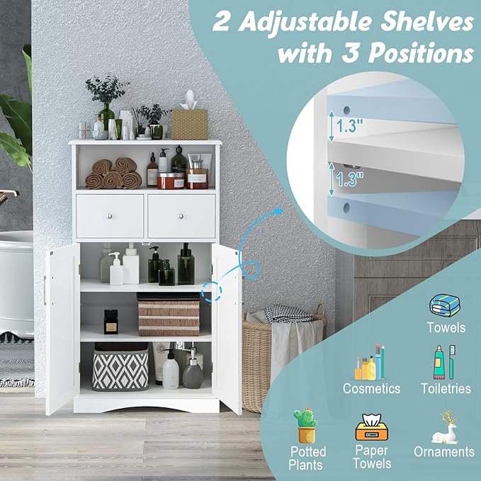 Tangkula Bathroom Cabinet, Floor Standing Storage Organizer w/2 Drawers & 2 Doors, 3-Position Adjustable Shelves, Anti-Toppling Design, Floor Cabinet for Bathroom (White, 2 Drawers & Cabinet)