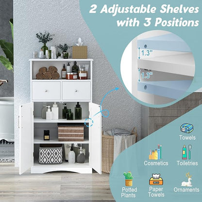 Tangkula Bathroom Cabinet, Floor Standing Storage Organizer w/2 Drawers & 2 Doors, 3-Position Adjustable Shelves, Anti-Toppling Design, Floor Cabinet for Bathroom (White, 2 Drawers & Cabinet)