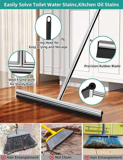 Floor Squeegee Scrubber 59" Long Stainless Steel Handle with 10" Wide Silicon Rubber Blade for Floor Washing and Drying Shower Glass, Garage, Windows, Marble, Wood Surfaces