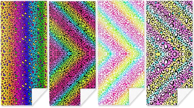4 Pack Towels for Bathroom, Beach Towel, Microfiber Lightweight Beach Towels Oversized, Towel Accessories for Christmas Halloween Favors Travel 32x71 IN, Rainbow Leopard Colorful Neon Cheetah Print