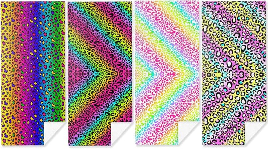 4 Pack Towels for Bathroom, Beach Towel, Microfiber Lightweight Beach Towels Oversized, Towel Accessories for Christmas Halloween Favors Travel 32x71 IN, Rainbow Leopard Colorful Neon Cheetah Print