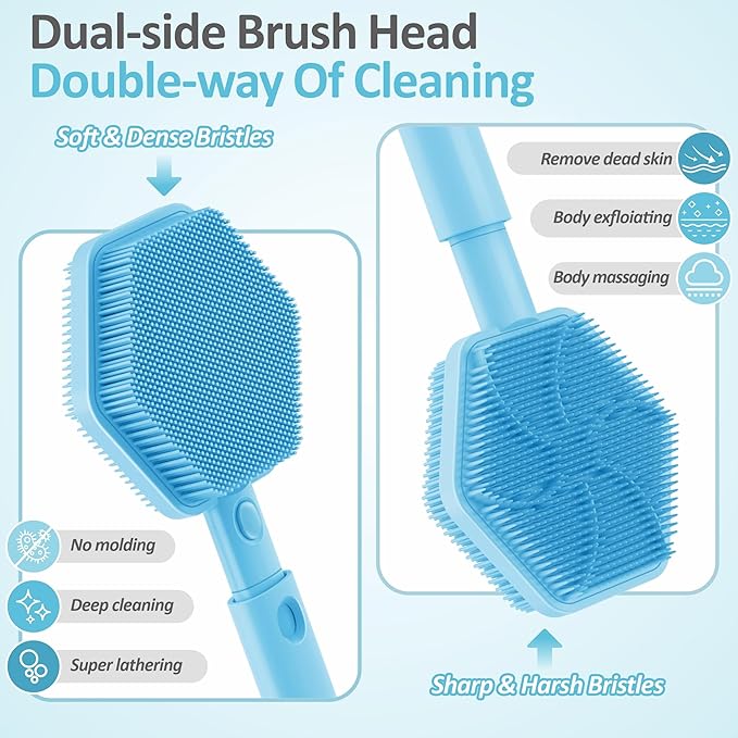 Silicone Back/Face Scrubber & Bath Glove Set 3PCS, Extendable Back Scrubber with Dual-Side Large Head, 360° Anti-Slip Bath Glove, Unique Side-Bristle Face Scrubber for All-Round Cleaning(Blue)